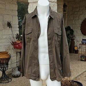 TRANSCRIPT Khaki Army Brown Cotton Button-Up, Zipper Shacket Utility Jacket L